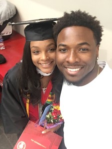 Marlena Wright and boyfriend Phil Foster on graduation day May 2016. Foster graduated a year prior with a 3.25 GPA and now started his own business as a Cinematographer and Entertainer.